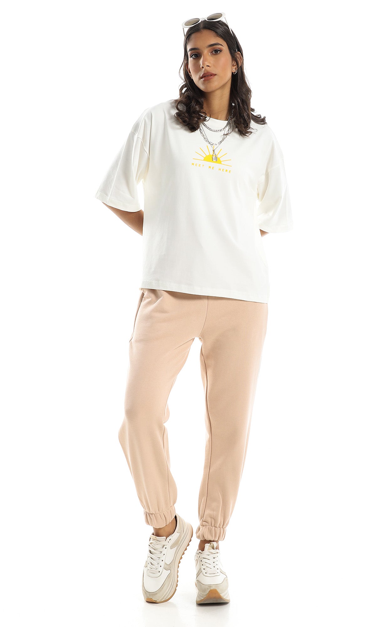 O158167 Elastic Hem Light Beige Jogger With Side Pockets