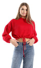 O158256 Red Long Sleeves Knitted Slip On Hooded Cropped Pullover