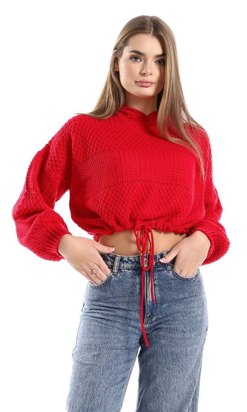O158256 Red Long Sleeves Knitted Slip On Hooded Cropped Pullover
