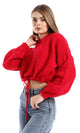 O158256 Red Long Sleeves Knitted Slip On Hooded Cropped Pullover