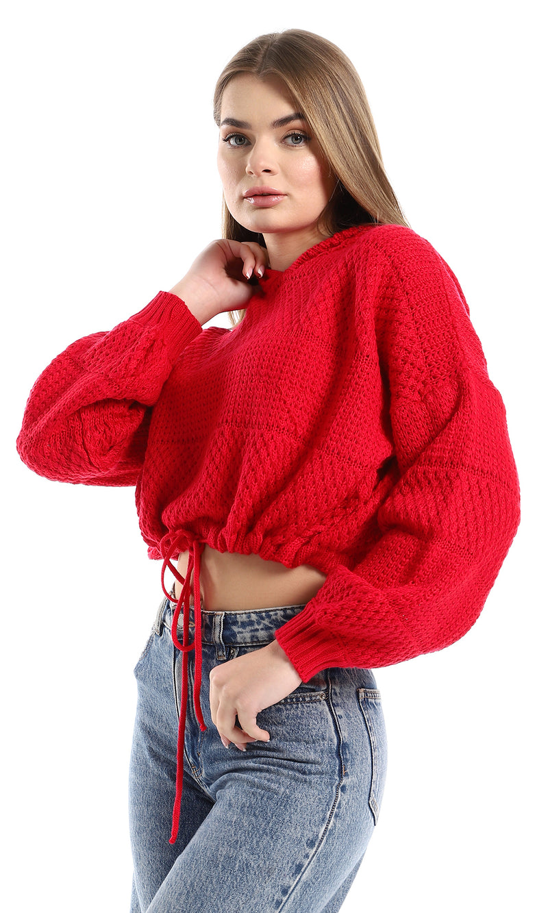 O158256 Red Long Sleeves Knitted Slip On Hooded Cropped Pullover