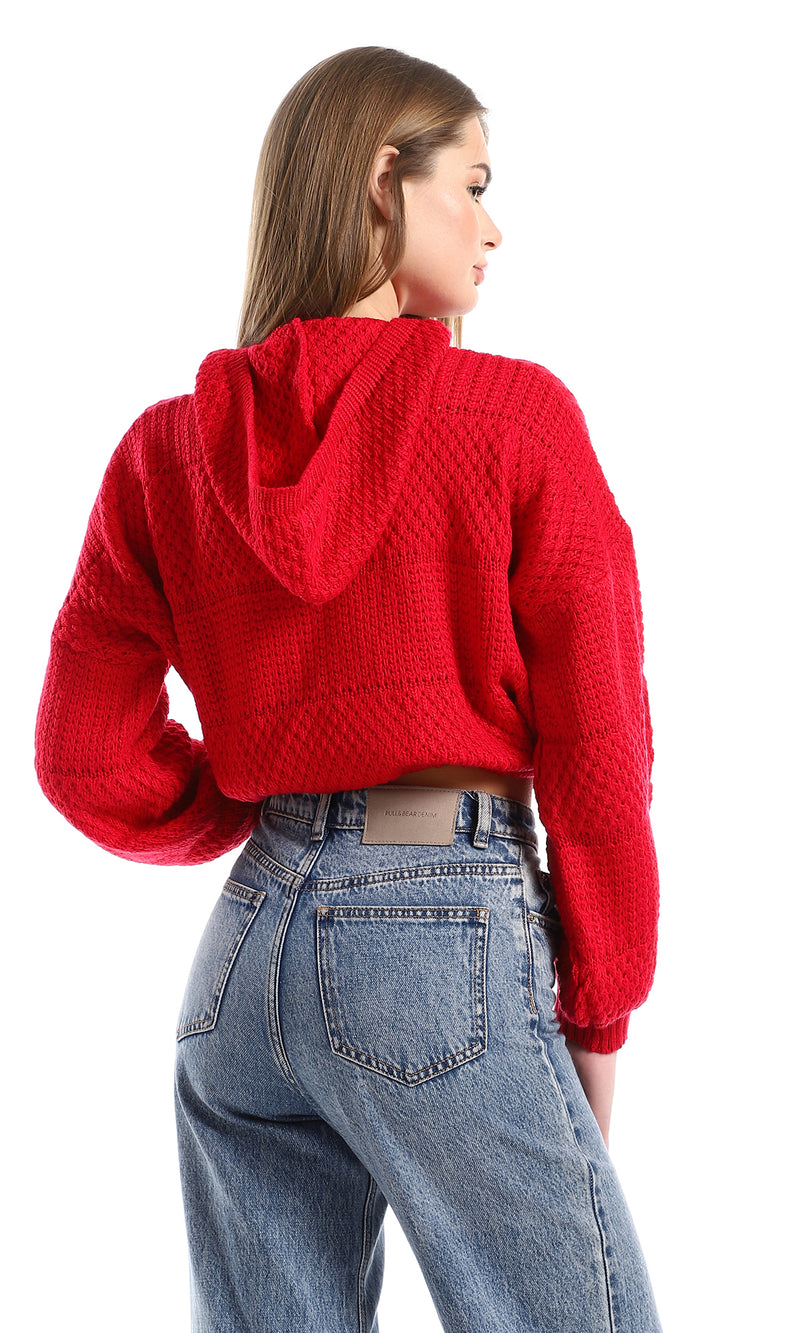 O158256 Red Long Sleeves Knitted Slip On Hooded Cropped Pullover