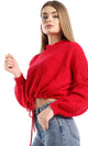 O158256 Red Long Sleeves Knitted Slip On Hooded Cropped Pullover