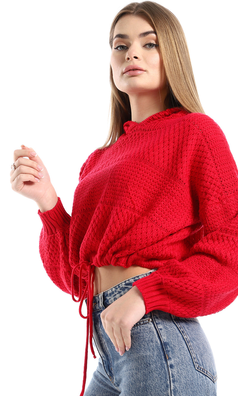 O158256 Red Long Sleeves Knitted Slip On Hooded Cropped Pullover