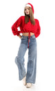 O158256 Red Long Sleeves Knitted Slip On Hooded Cropped Pullover