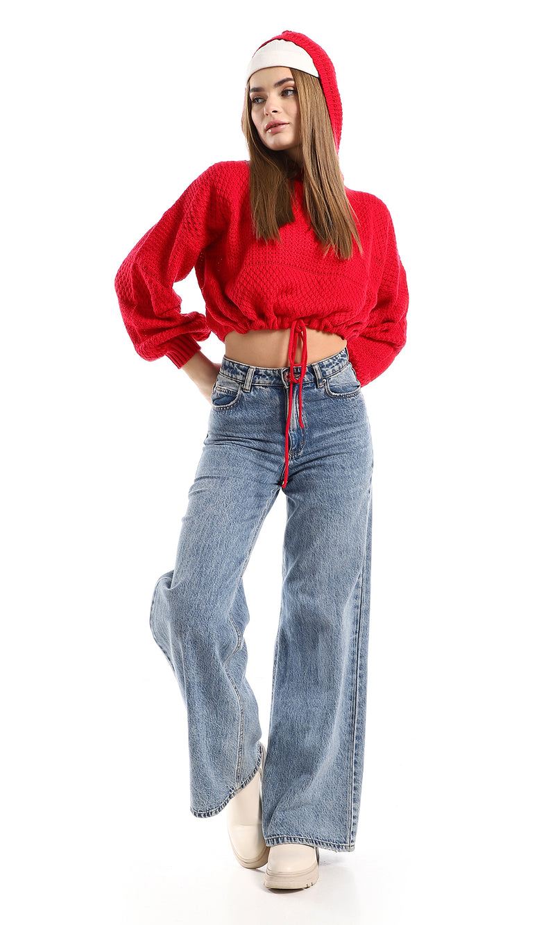 O158256 Red Long Sleeves Knitted Slip On Hooded Cropped Pullover