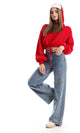 O158256 Red Long Sleeves Knitted Slip On Hooded Cropped Pullover