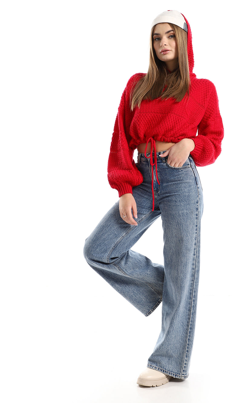 O158256 Red Long Sleeves Knitted Slip On Hooded Cropped Pullover