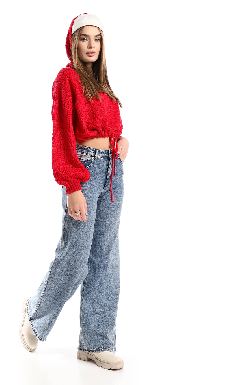 O158256 Red Long Sleeves Knitted Slip On Hooded Cropped Pullover