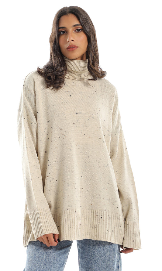 O158261 Loose Turtle Neck Heather Beige Knitted Pullover