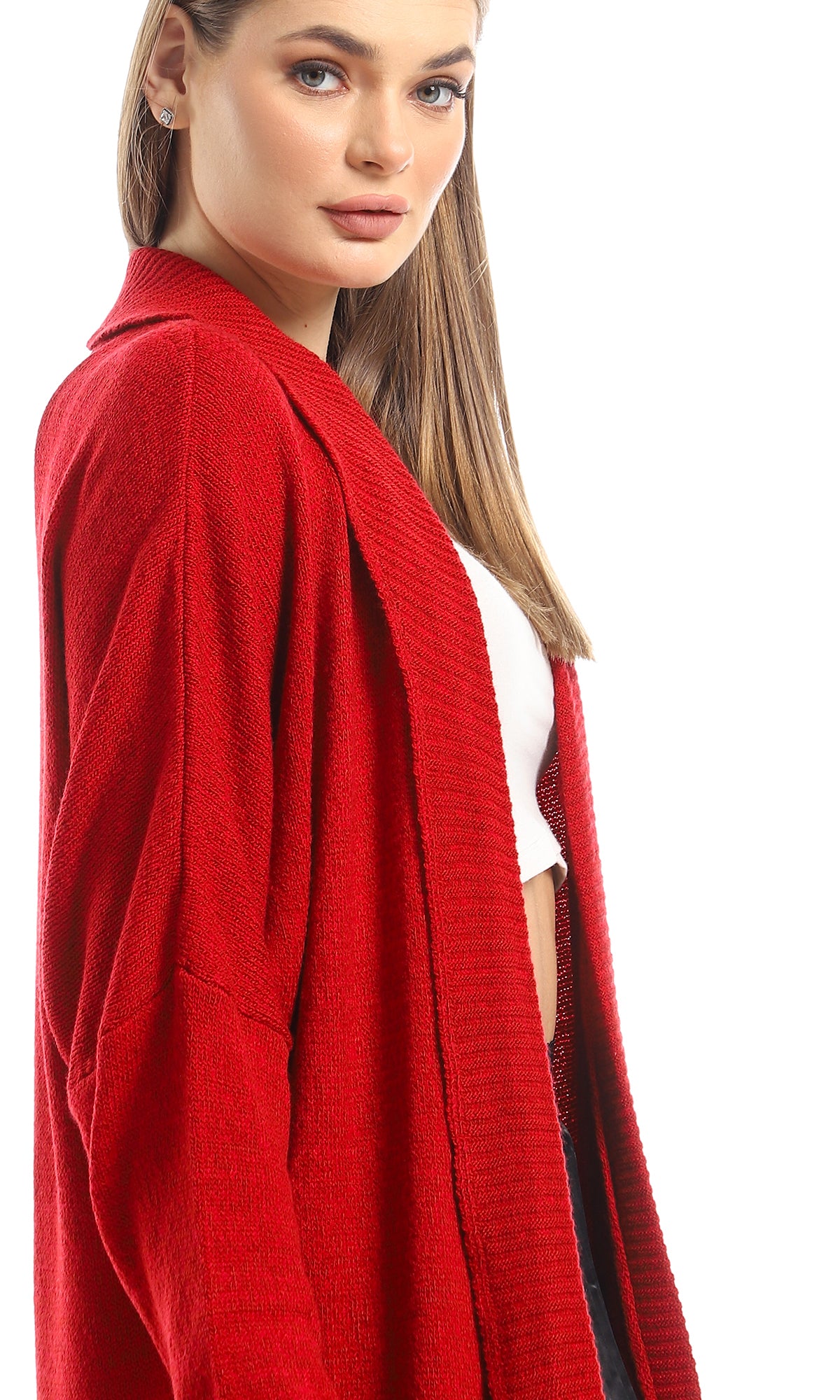 O158271 Heather Red Long Sleeved Winter Cardigan With Open Neckline