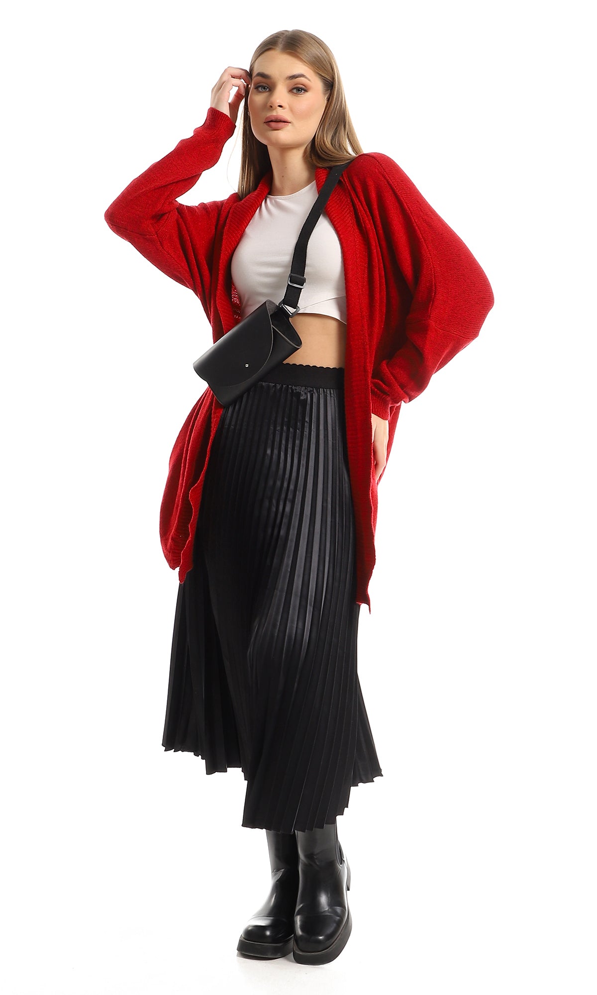 O158271 Heather Red Long Sleeved Winter Cardigan With Open Neckline