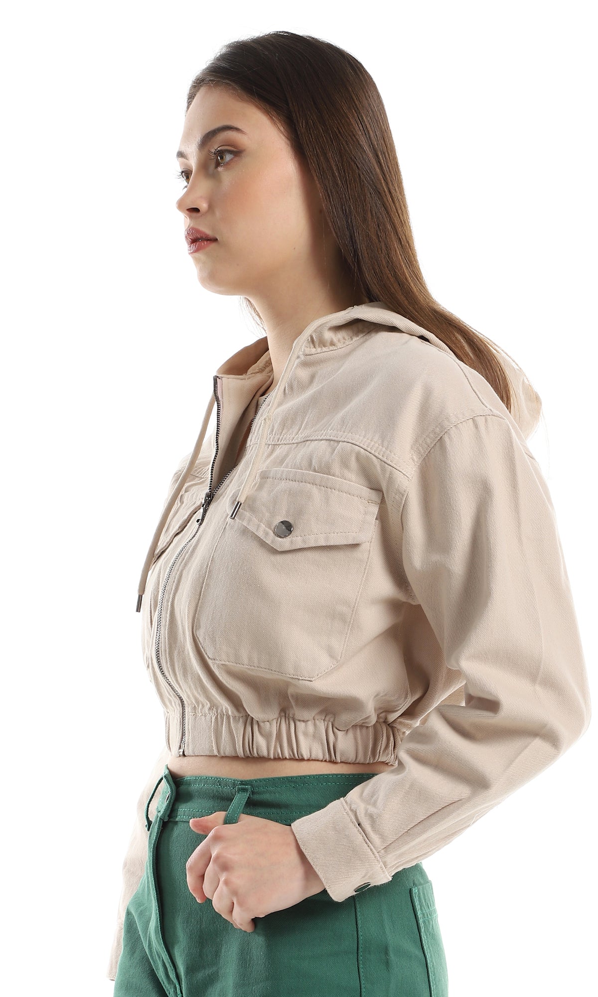 O158554 Hooded Zipper Casual Cropped Jacket - Beige