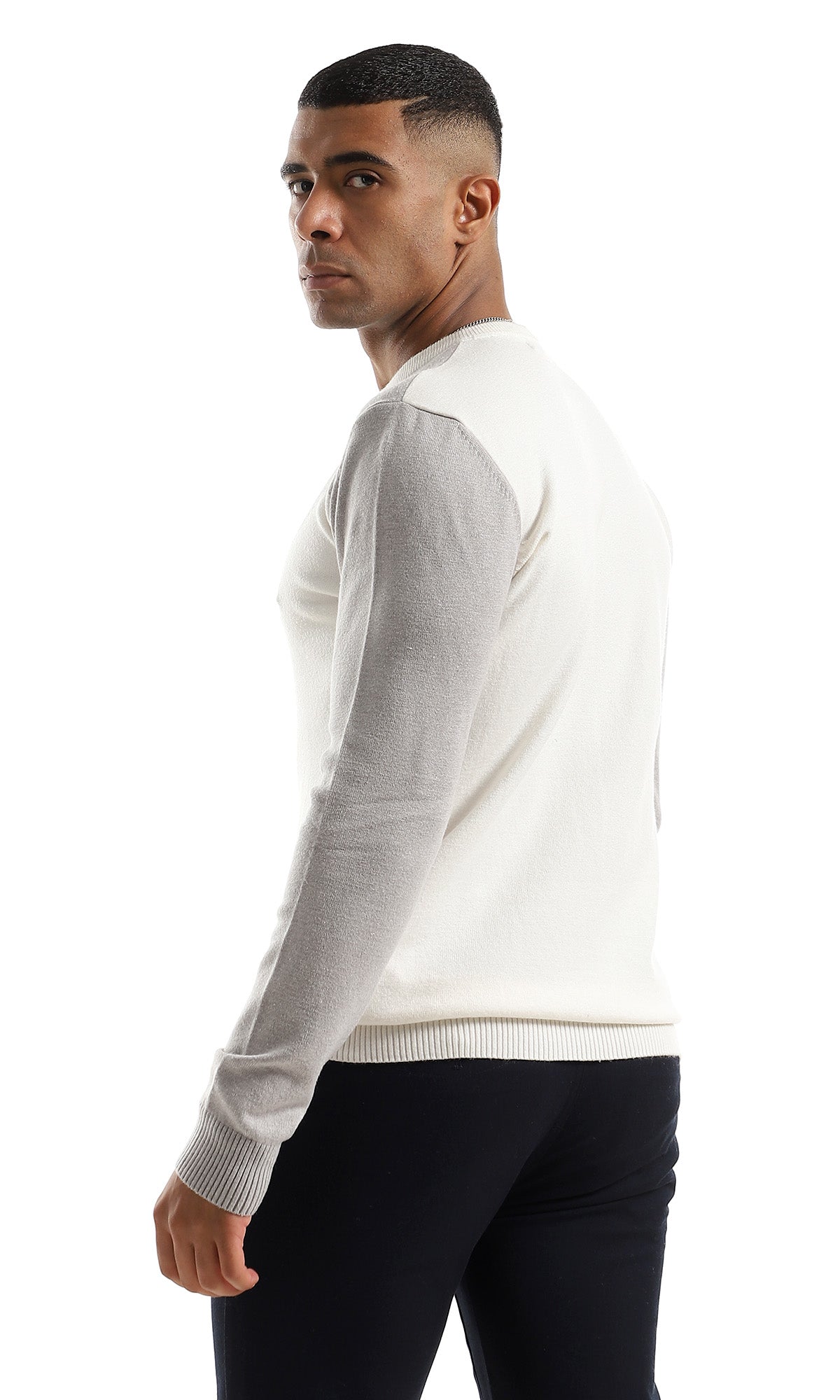 O158728 Casual Bi-Tone Soft Round Neck Off White & Light Grey Pullover