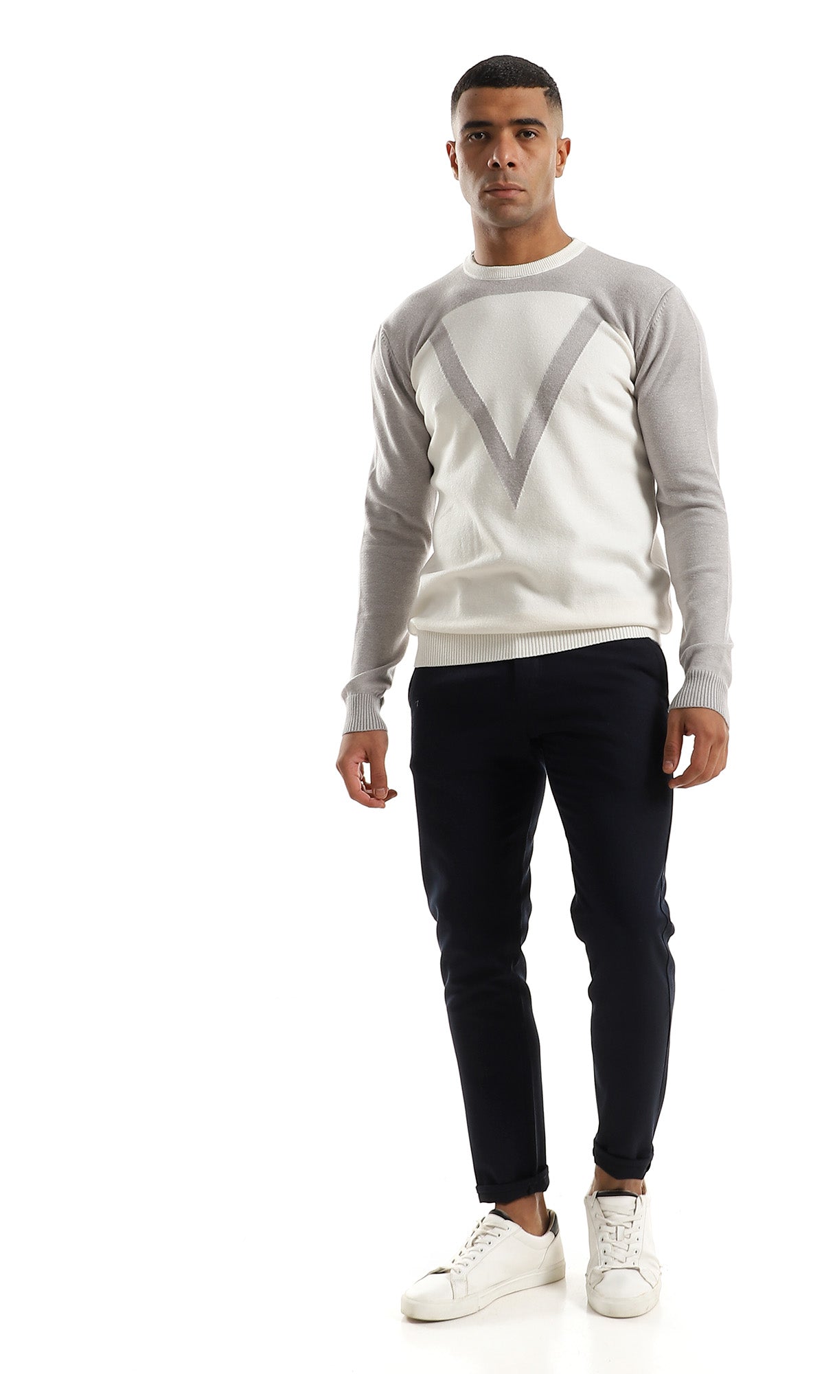 O158728 Casual Bi-Tone Soft Round Neck Off White & Light Grey Pullover