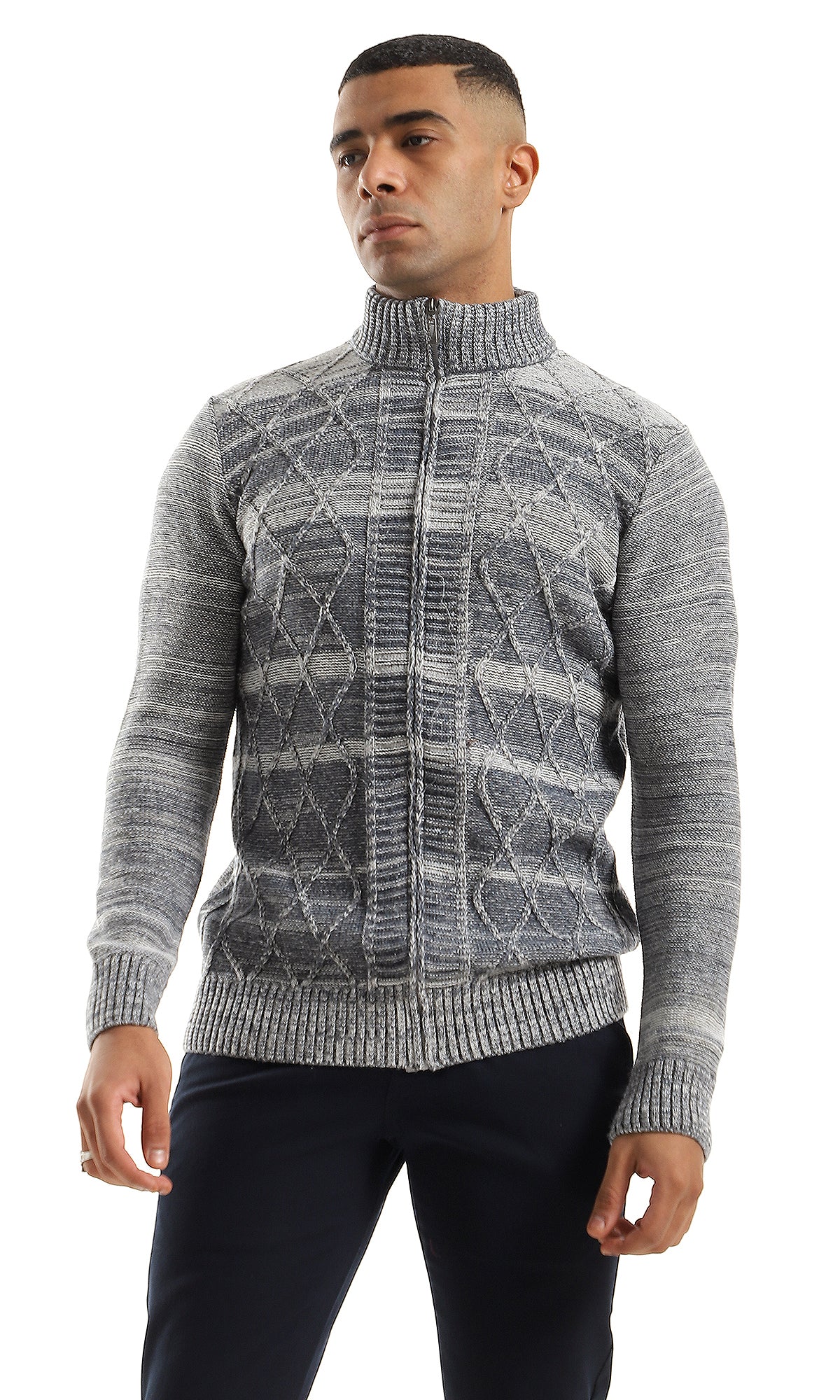 O158765 Casual Zip Through Neck Heather Grey & Petroleum Sweater