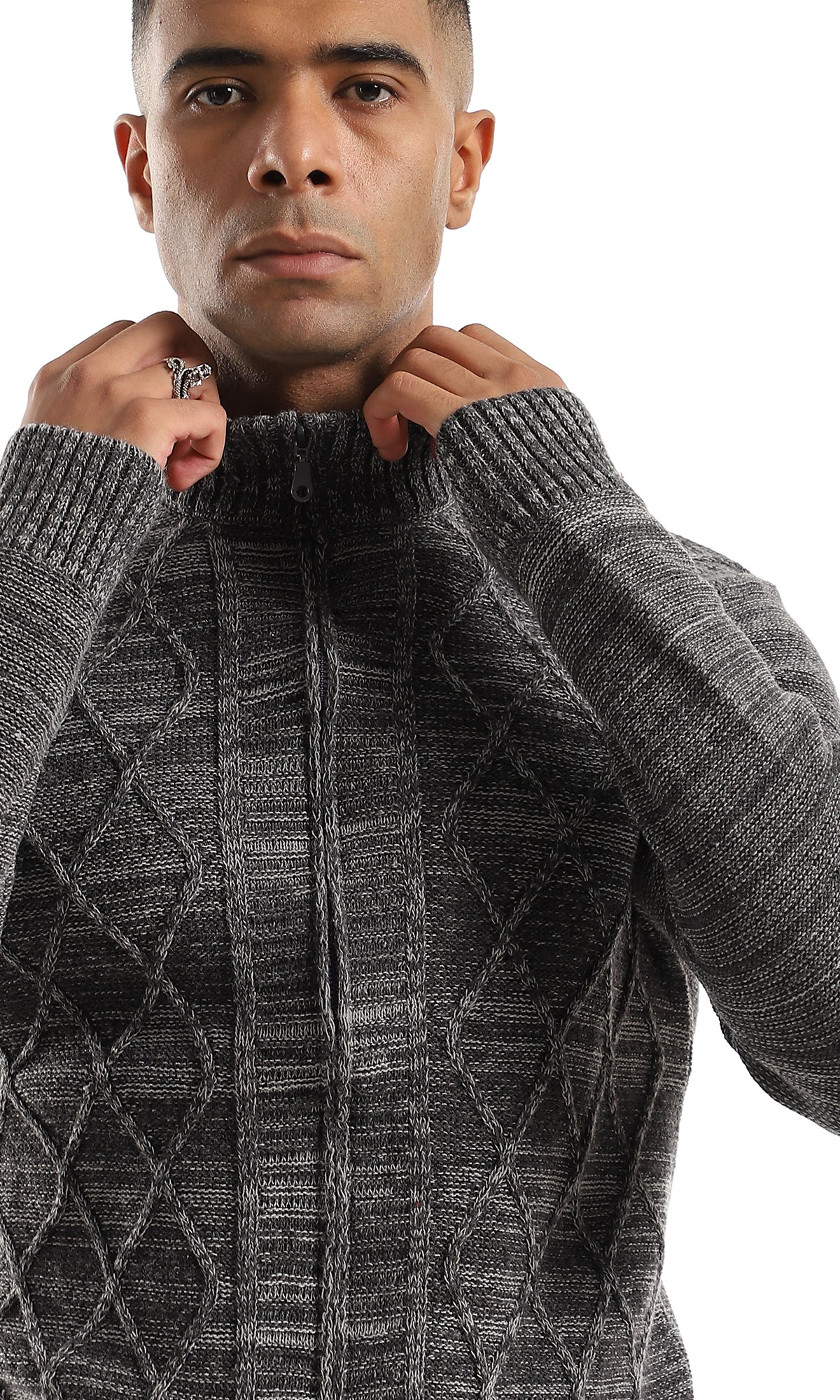 O158766 Cozy Zip Through Neck Heather Dark Grey Sweater