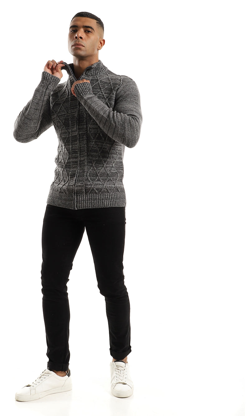 سويتر مريح بياقة بسوستة هيذر رمادي غامق