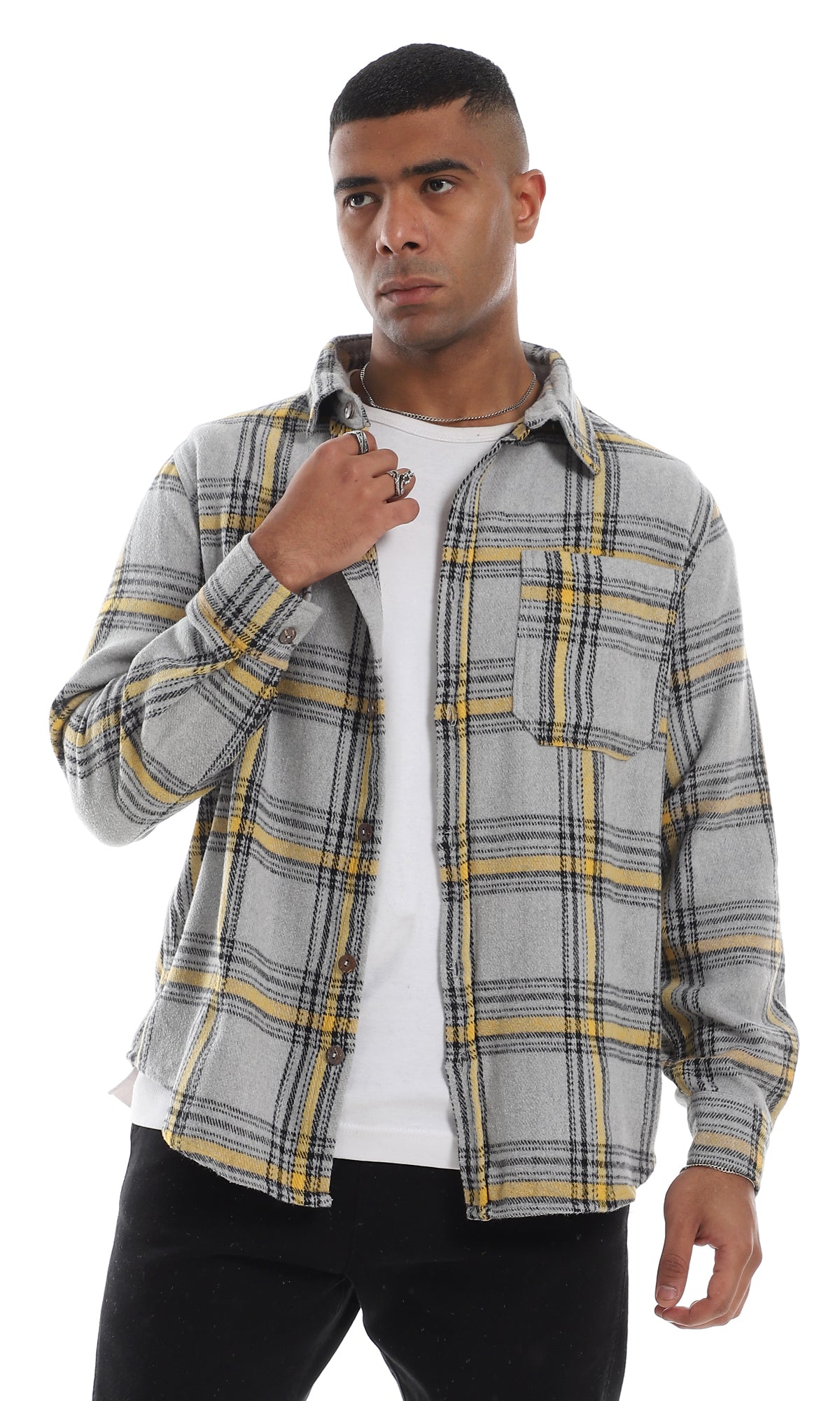 O158847 Plaids Full Buttoned Classic Collar Grey & Yellow Winter Shirt