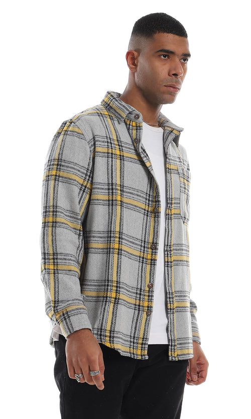 O158847 Plaids Full Buttoned Classic Collar Grey & Yellow Winter Shirt