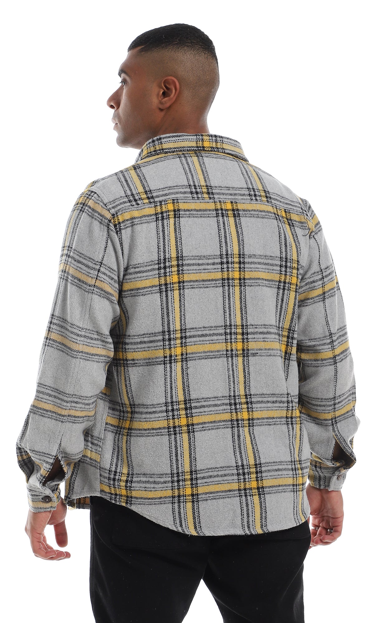 O158847 Plaids Full Buttoned Classic Collar Grey & Yellow Winter Shirt