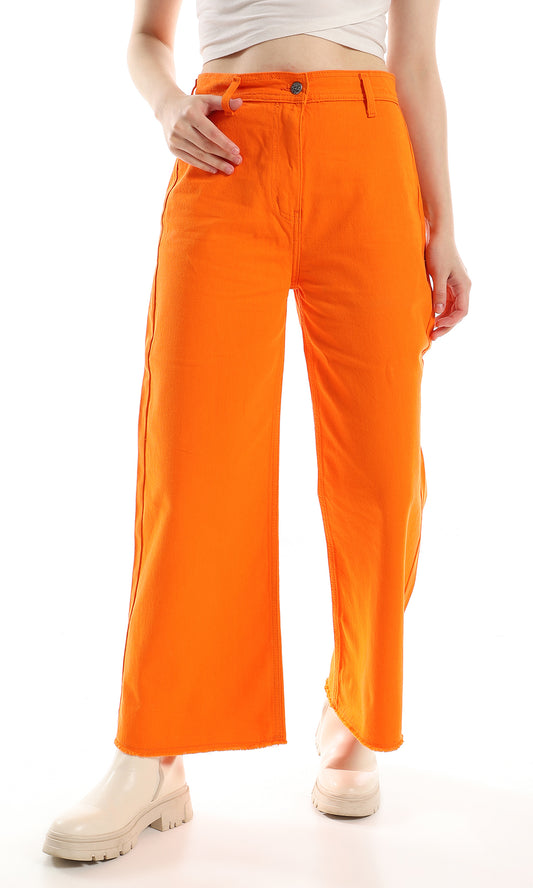 O158871 Wide Leg Cotton Self Ribbed Casual Pants - Orange