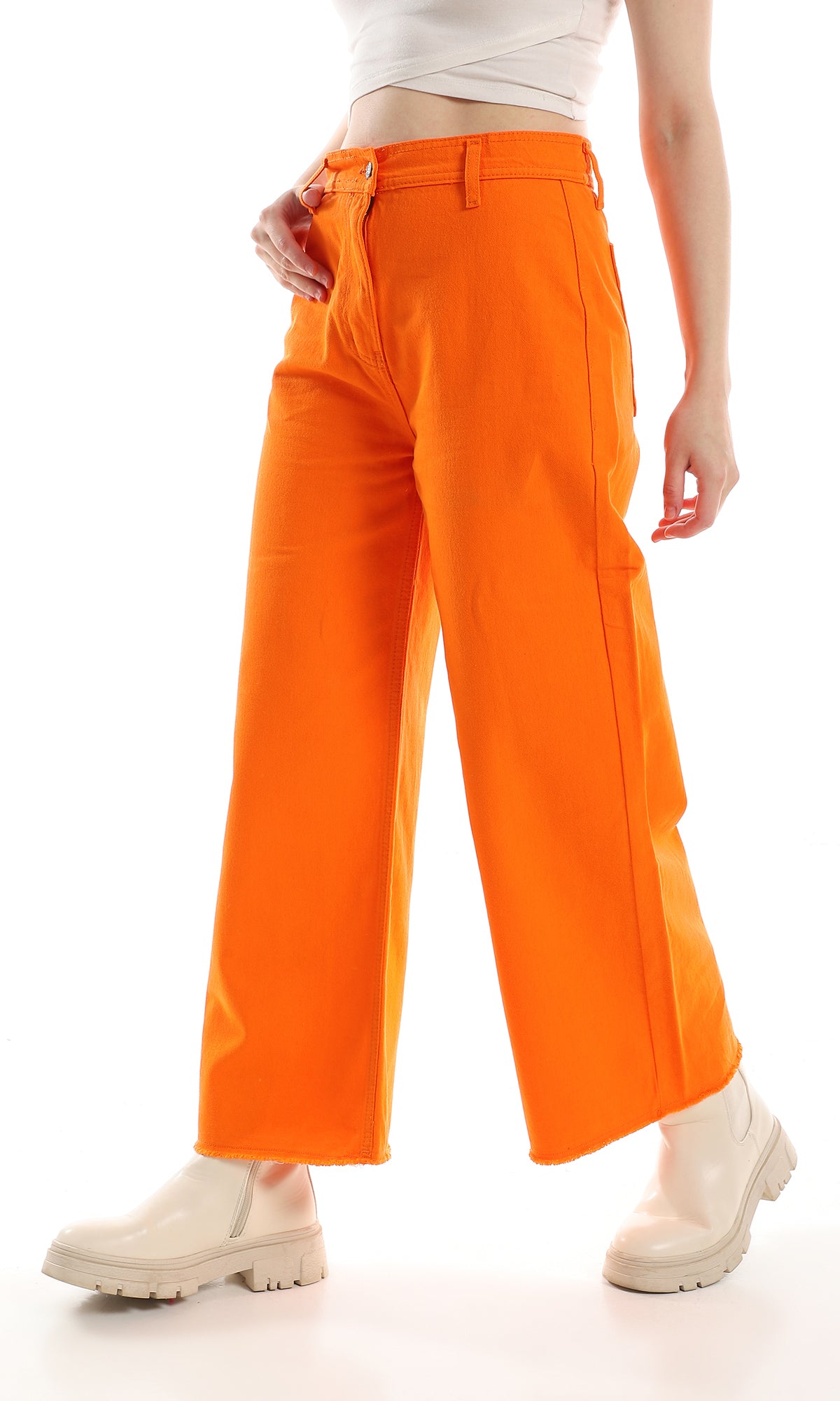 O158871 Wide Leg Cotton Self Ribbed Casual Pants - Orange