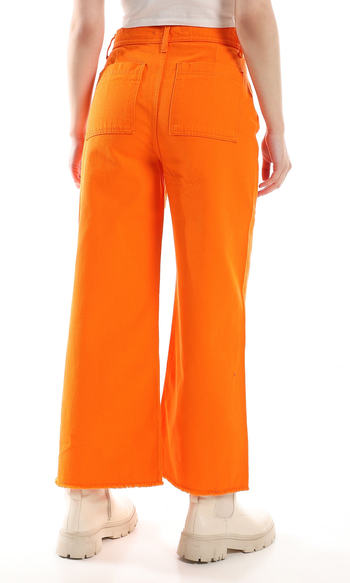 O158871 Wide Leg Cotton Self Ribbed Casual Pants - Orange