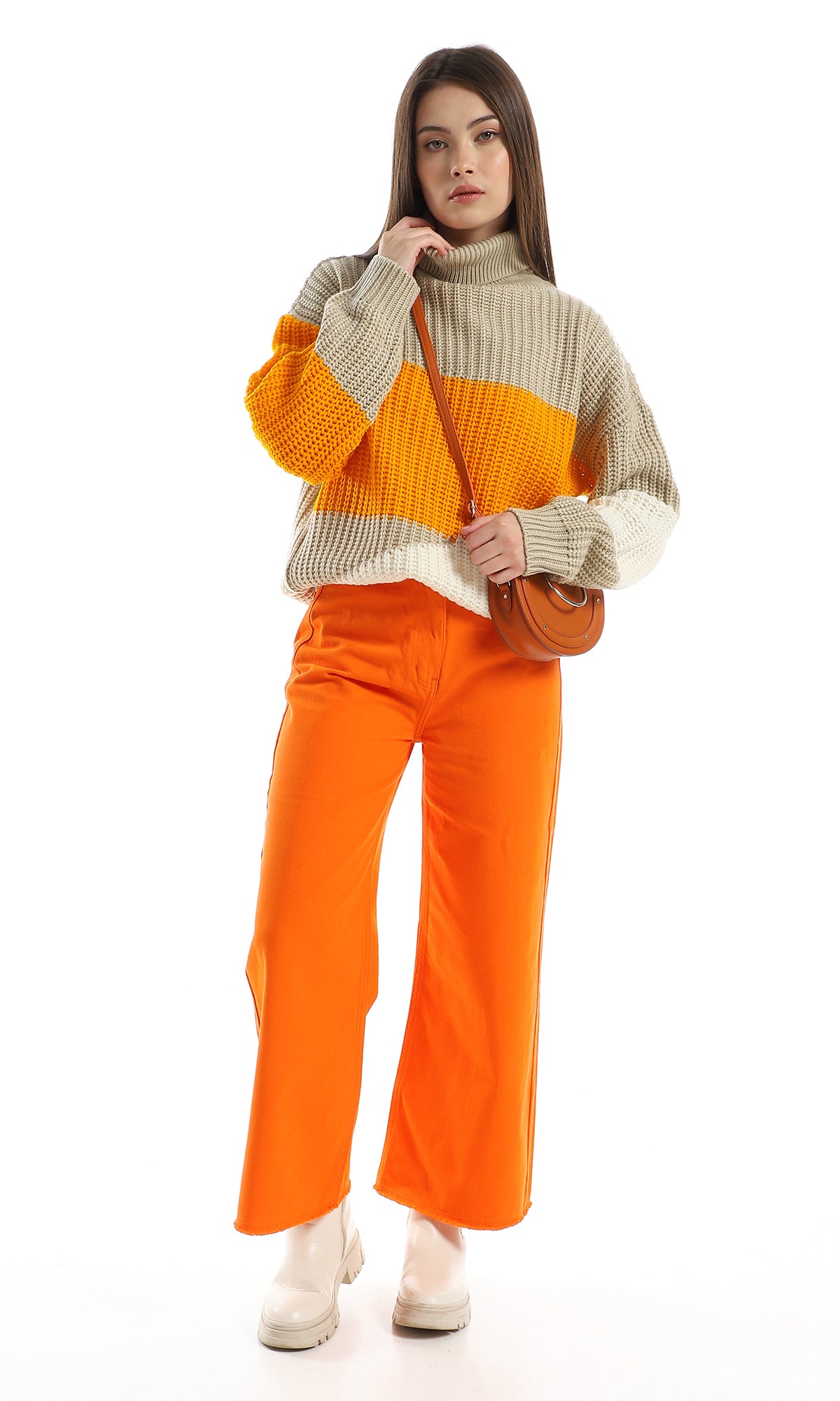 O158871 Wide Leg Cotton Self Ribbed Casual Pants - Orange