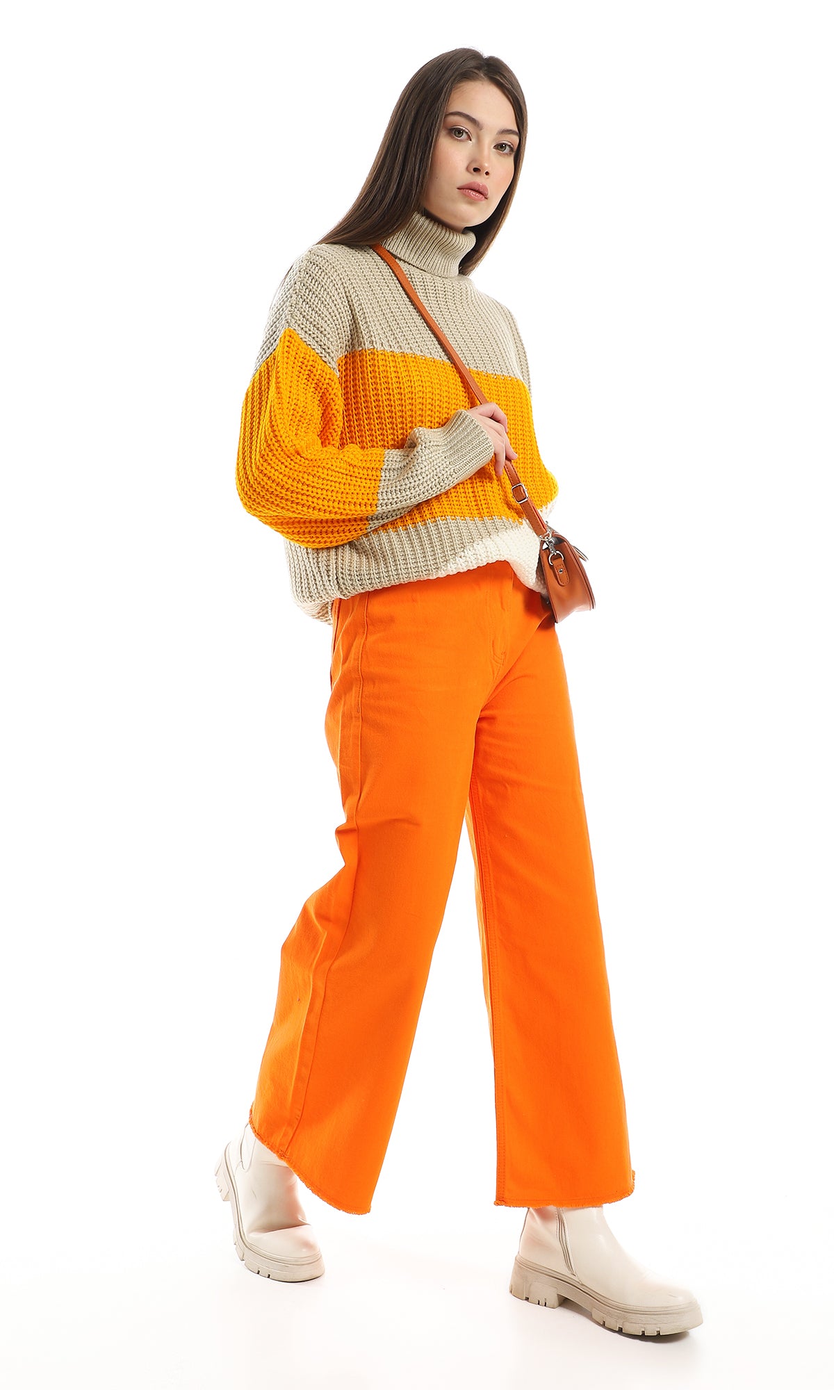 O158871 Wide Leg Cotton Self Ribbed Casual Pants - Orange