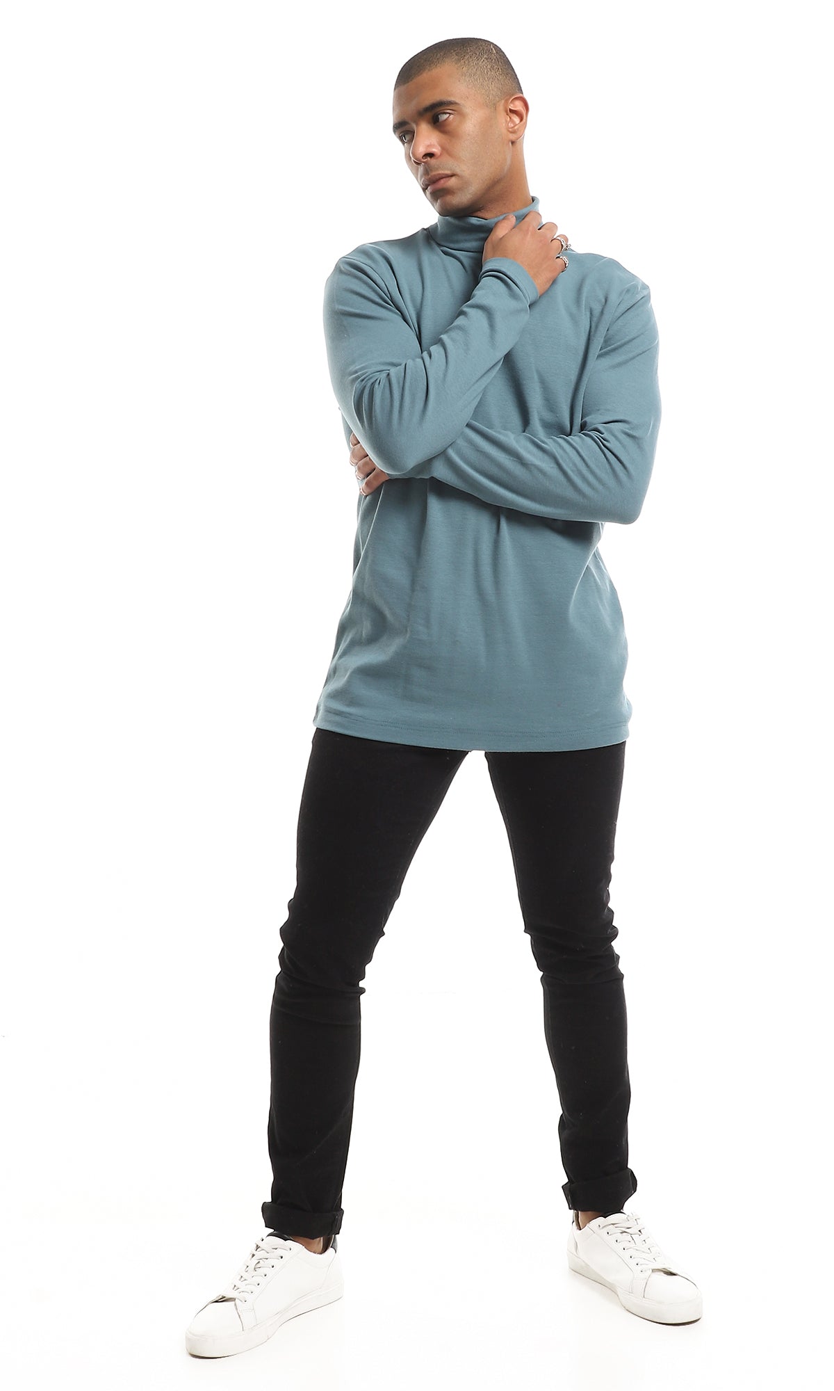 O159797 Basic Turtle Neck Long Sleeved Plain Cotton T-Shirt - Jade