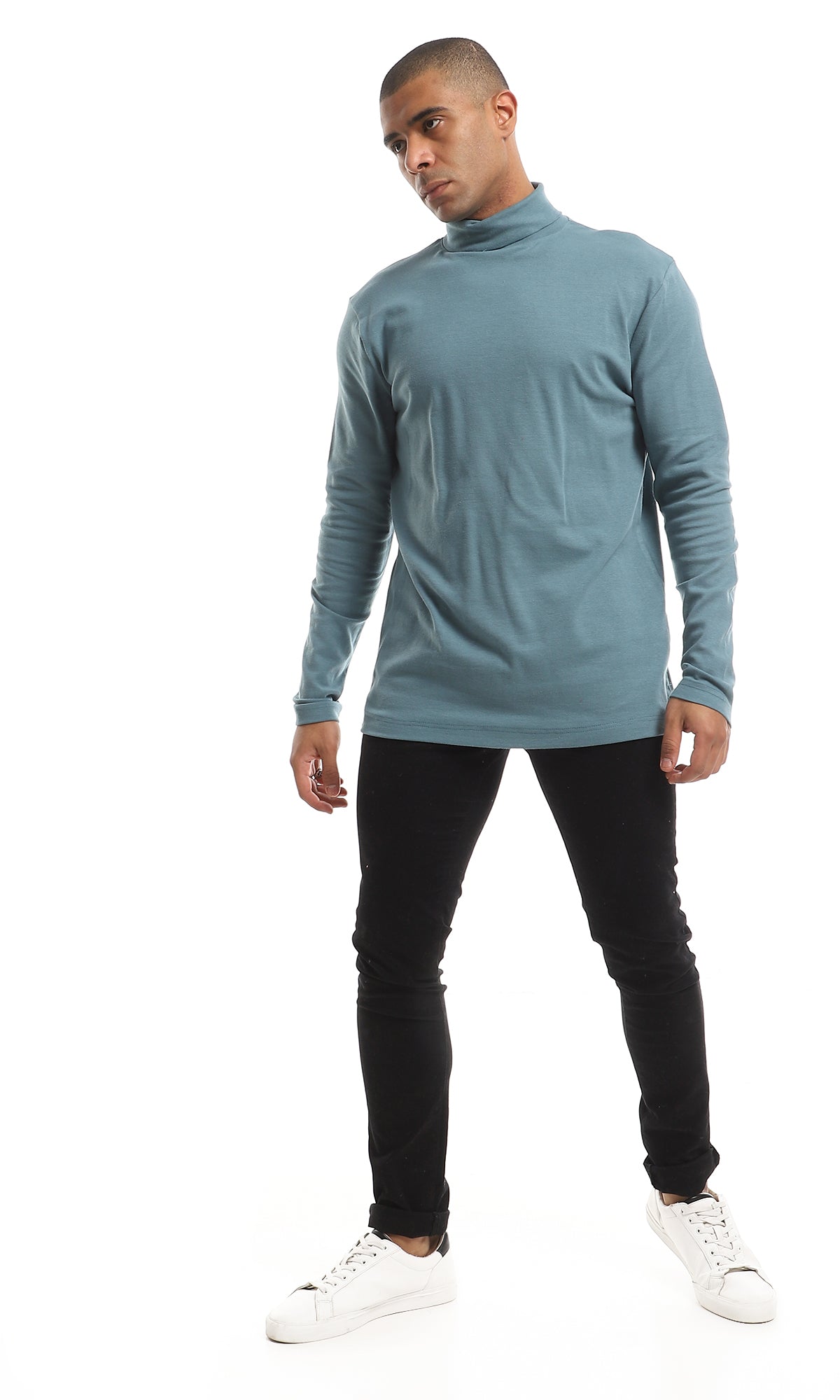 O159797 Basic Turtle Neck Long Sleeved Plain Cotton T-Shirt - Jade