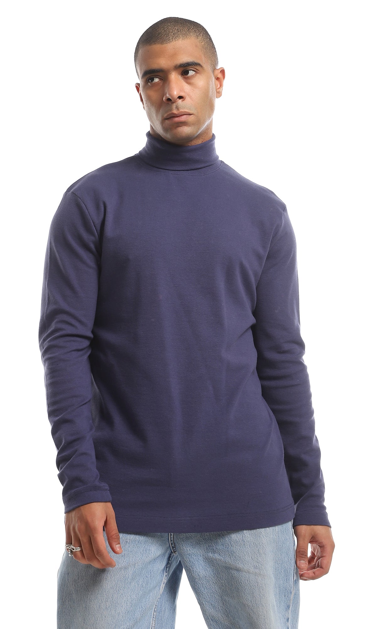 O159799 High Neck Long Sleeved Basic Cotton T-Shirt - Navy Blue