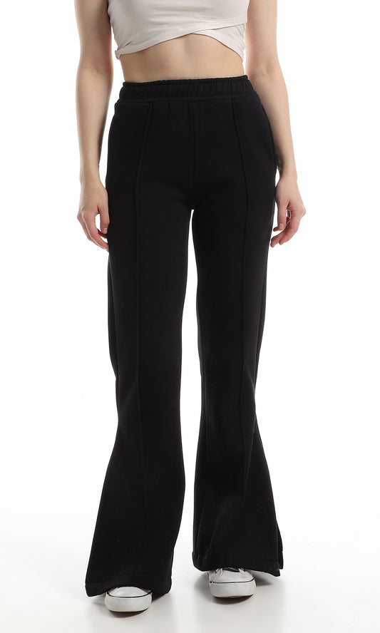 O159948 Inner Fleece Flare Black Pants With Side Slits