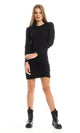 O160192 Self Patterned Elegant Long Sleeved Mini Dress With Front Drapes - Black