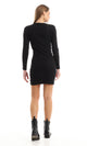O160192 Self Patterned Elegant Long Sleeved Mini Dress With Front Drapes - Black