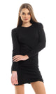 O160192 Self Patterned Elegant Long Sleeved Mini Dress With Front Drapes - Black