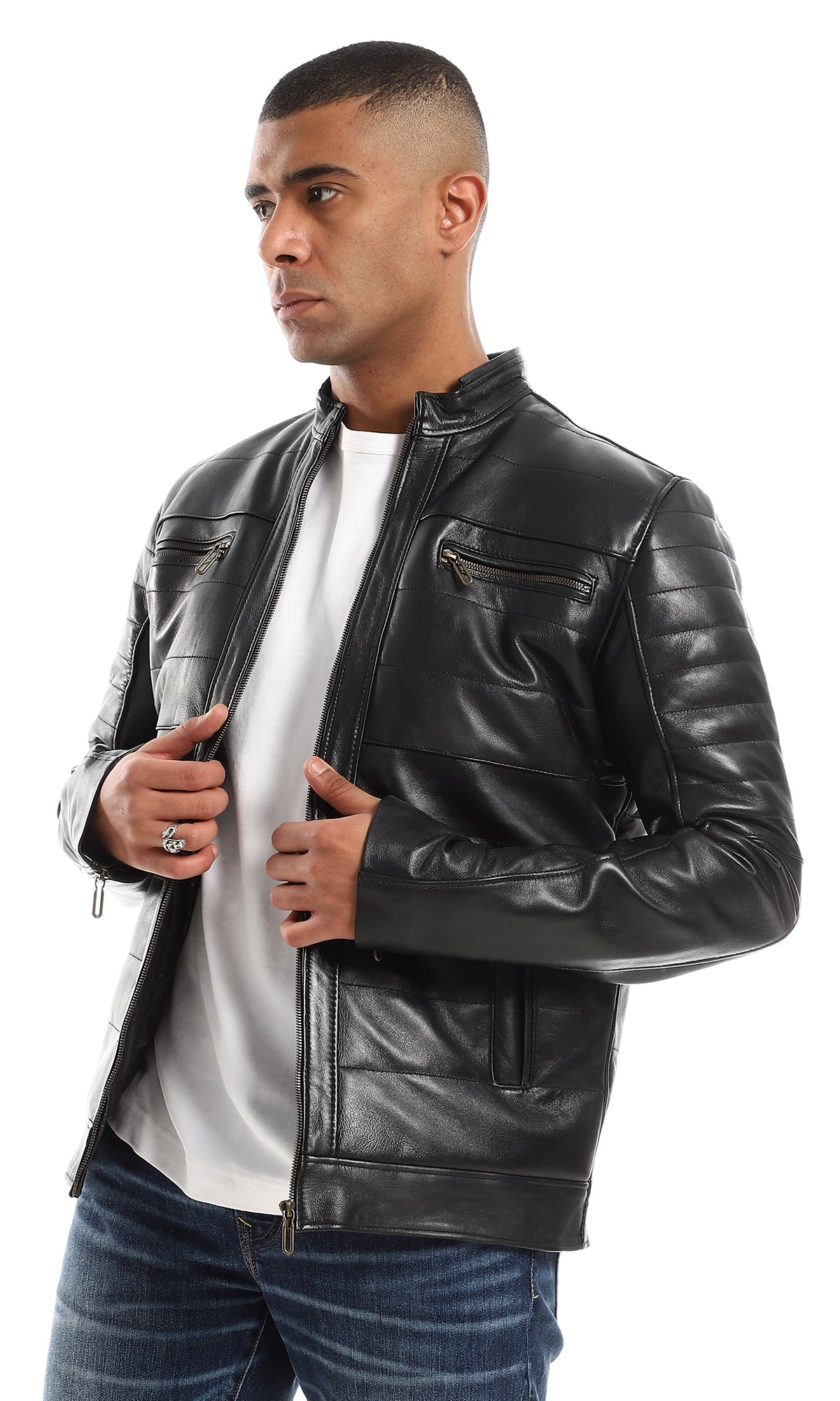 O160212 Multipockets Stitching Details Leather Jacket - Black