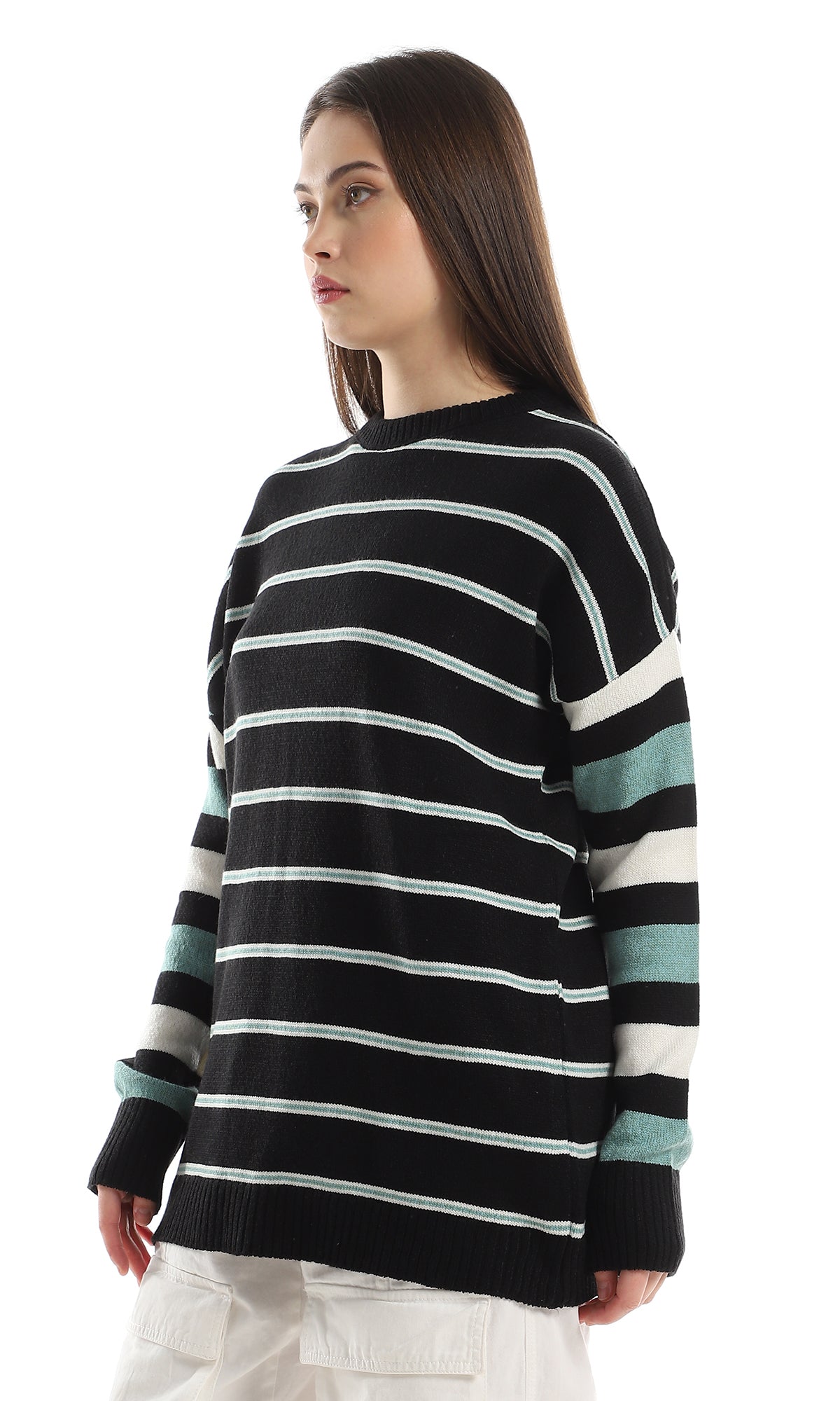 O160299 Striped Oversize Knitted Black , Green & Off White Pullover