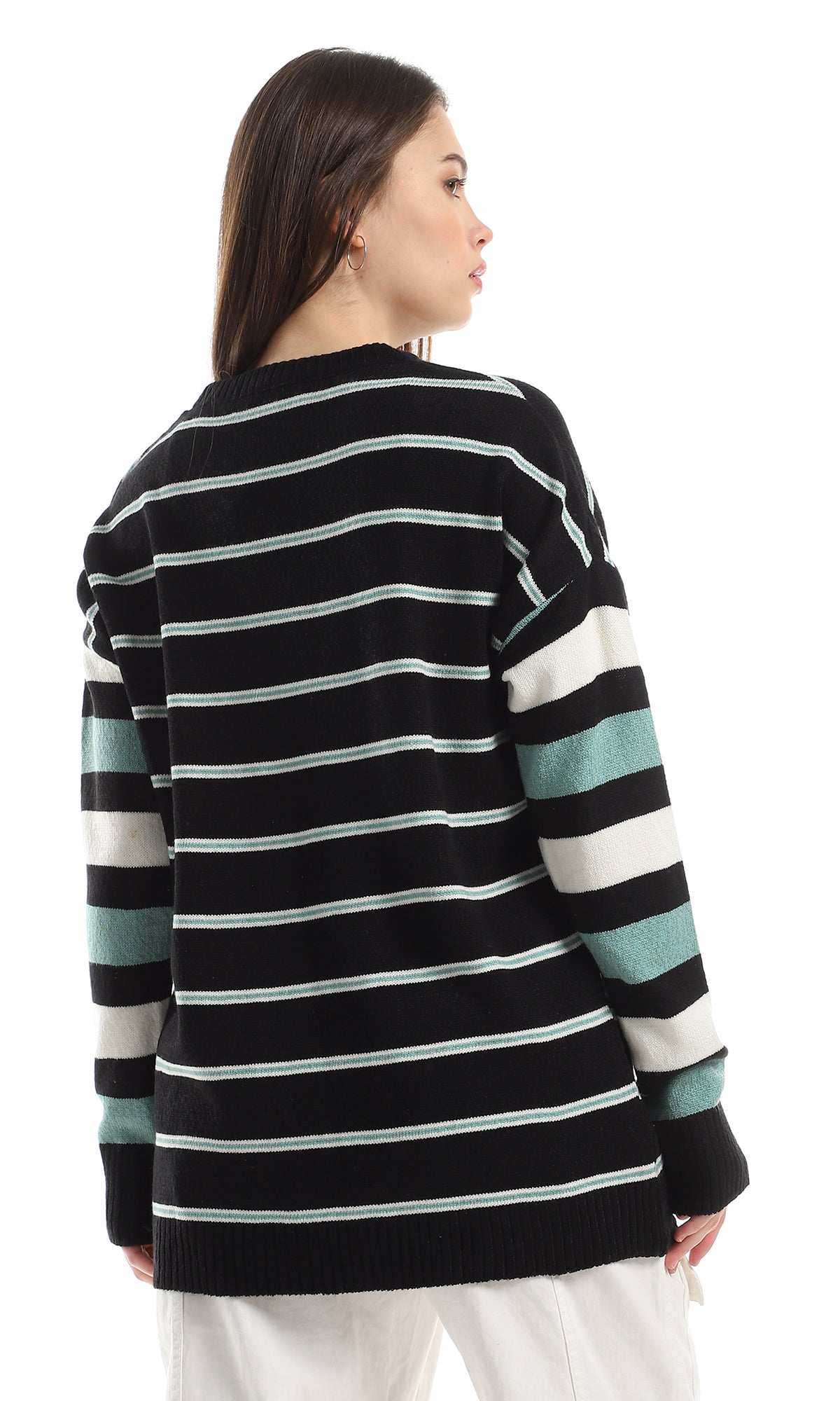 O160299 Striped Oversize Knitted Black , Green & Off White Pullover