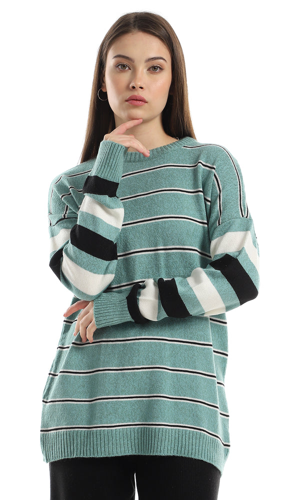 O160300 Wide Thin Striped Pattern Long Acrylic Pullover - Green, Black & Off White
