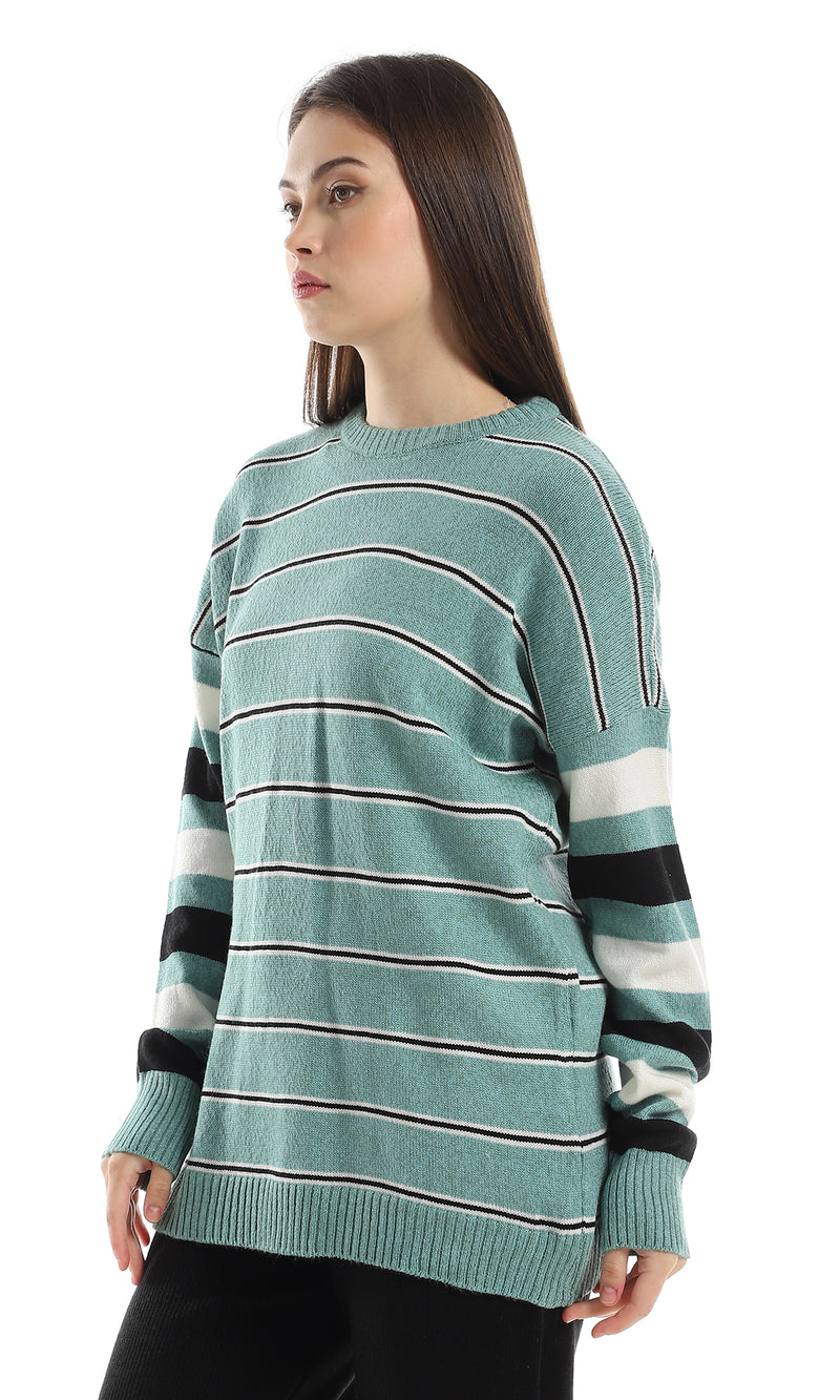 O160300 Wide Thin Striped Pattern Long Acrylic Pullover - Green, Black & Off White