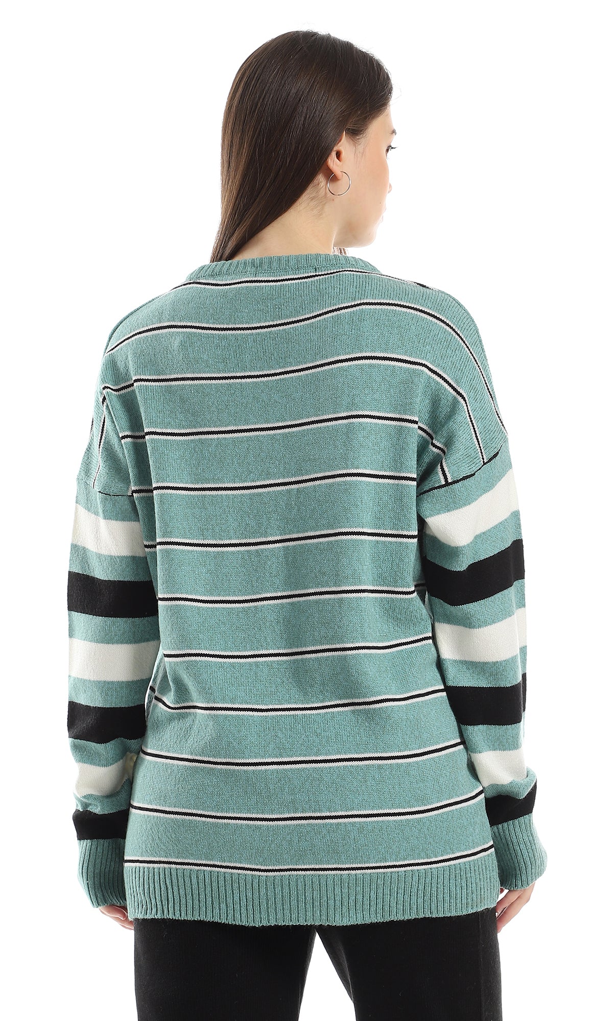 O160300 Wide Thin Striped Pattern Long Acrylic Pullover - Green, Black & Off White