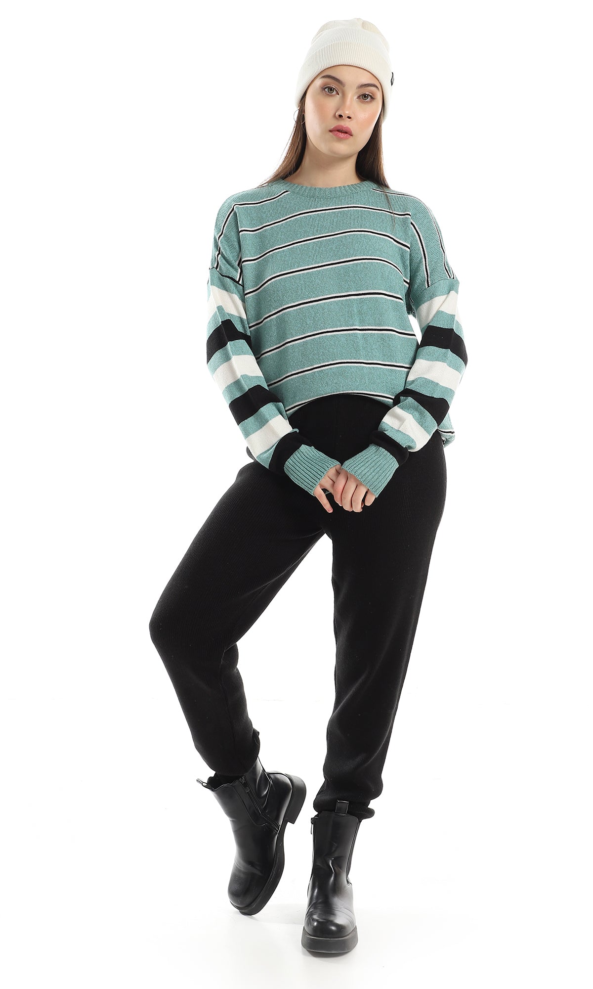 O160300 Wide Thin Striped Pattern Long Acrylic Pullover - Green, Black & Off White