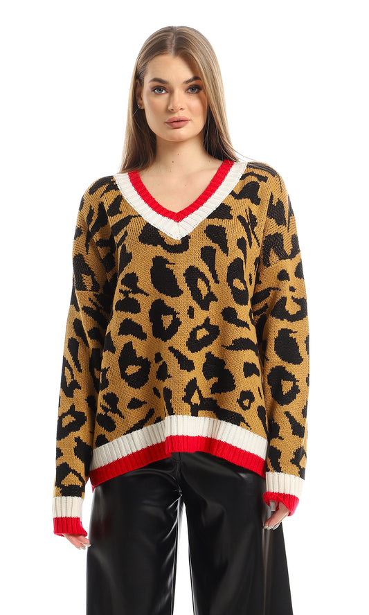 O160309 Animal Print V-Neck Knitted Long Sleeved Pullover - Havan, Pink & Black
