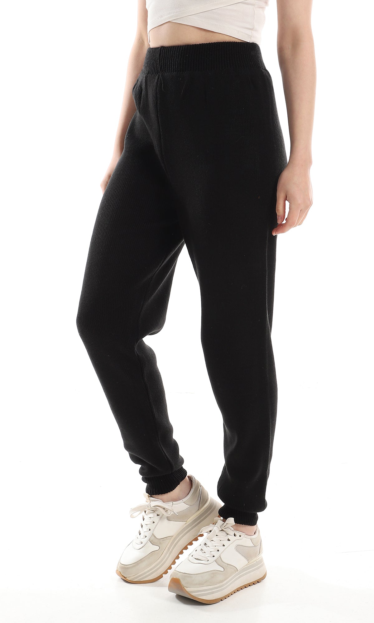O160314 Ribbed Regular Fit Winter Pants With Elastic Hem - Black