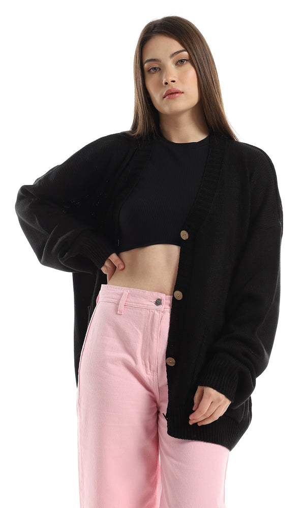 O160316 Regular Fit Buttoned Cardigan With Front Pockets - Black