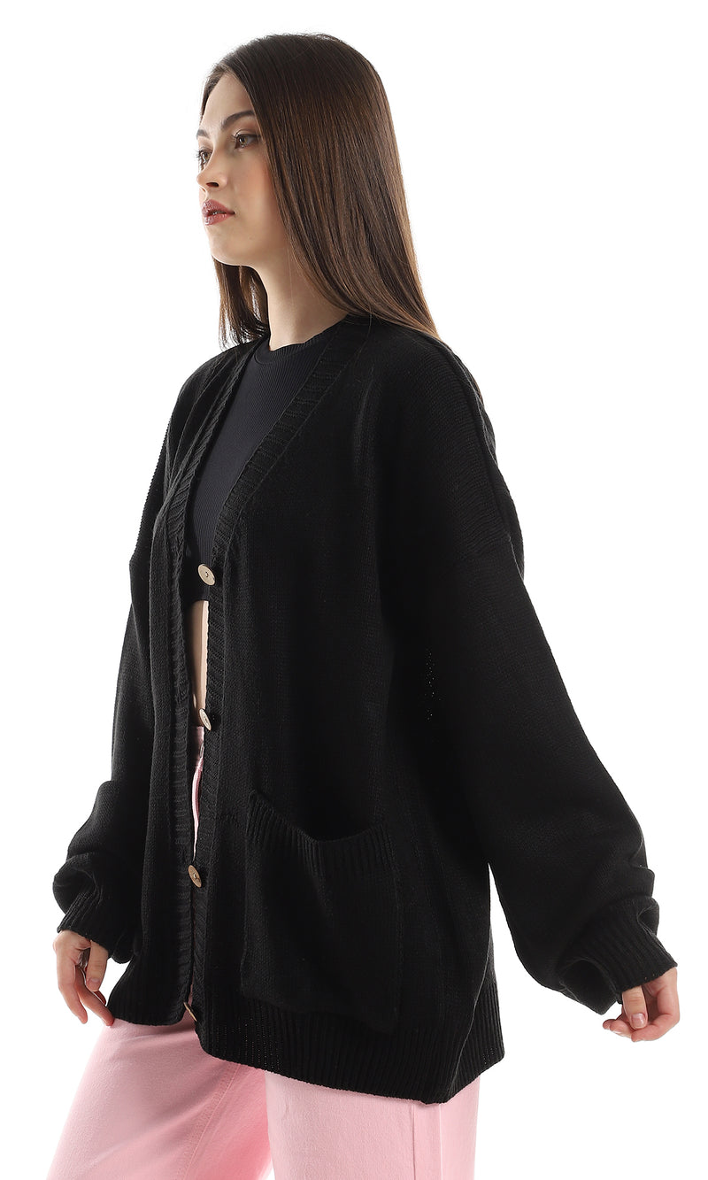 O160316 Regular Fit Buttoned Cardigan With Front Pockets - Black