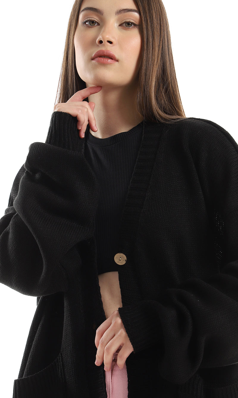 O160316 Regular Fit Buttoned Cardigan With Front Pockets - Black