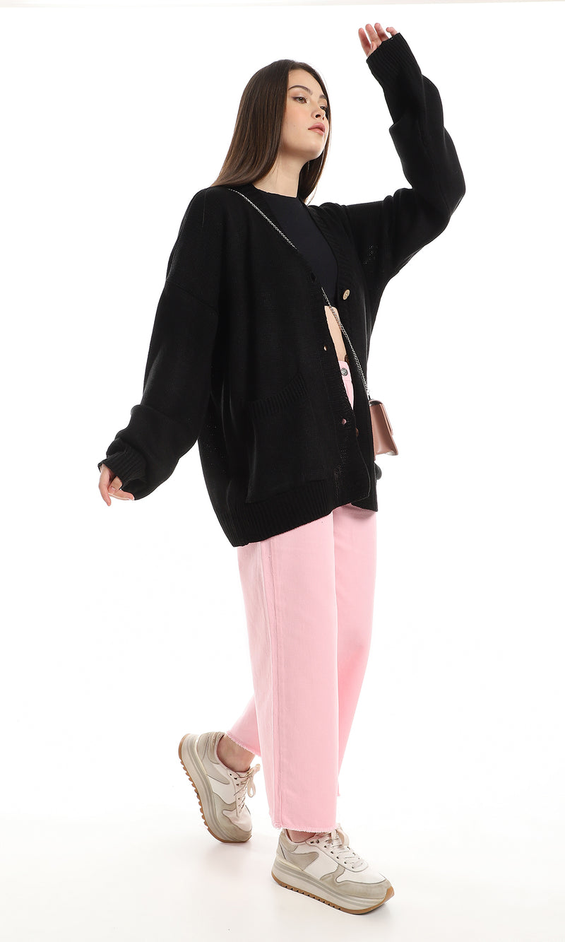 O160316 Regular Fit Buttoned Cardigan With Front Pockets - Black